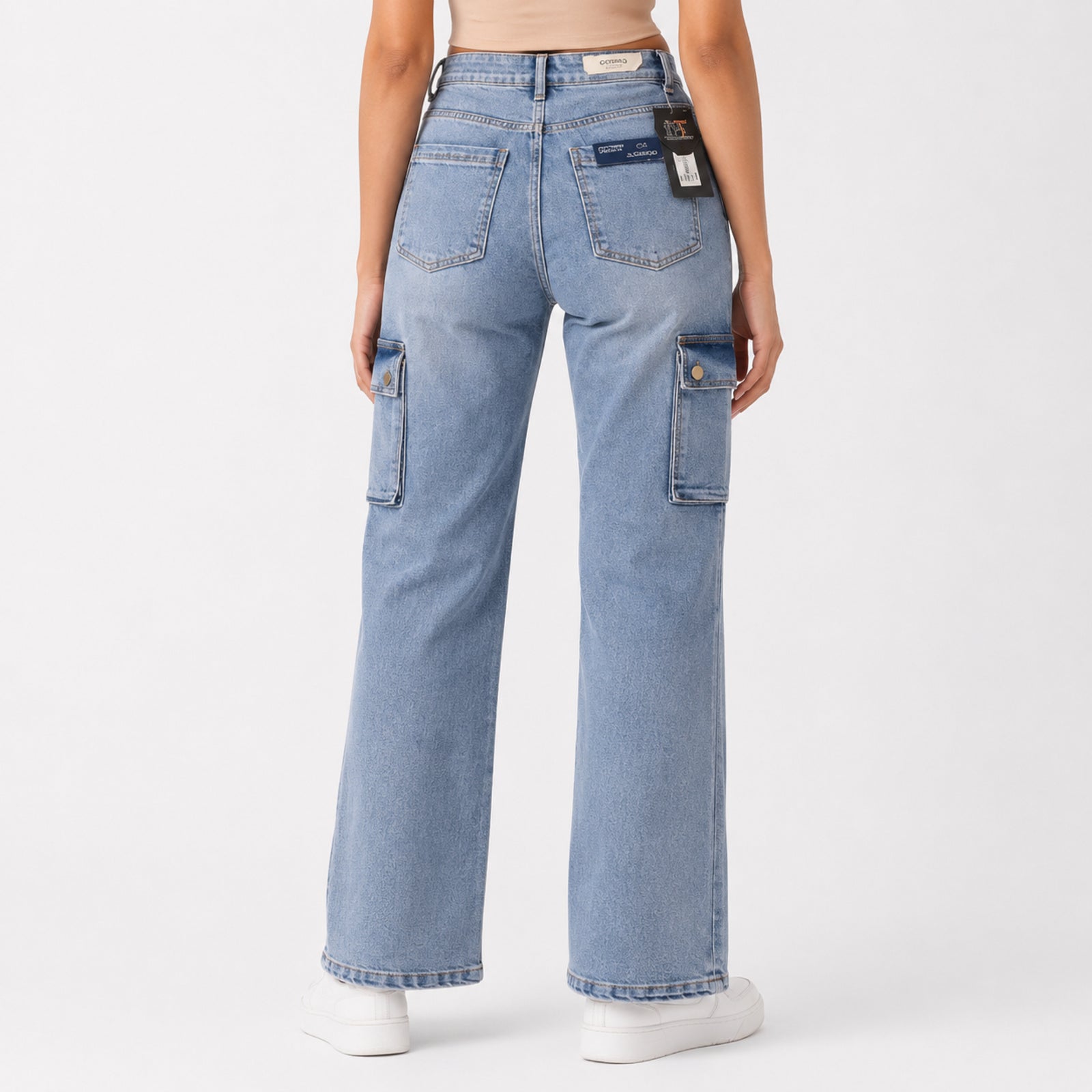 Women's Sleek High-Waist Wide-Leg Light Blue Denim Cargo Jeans-4