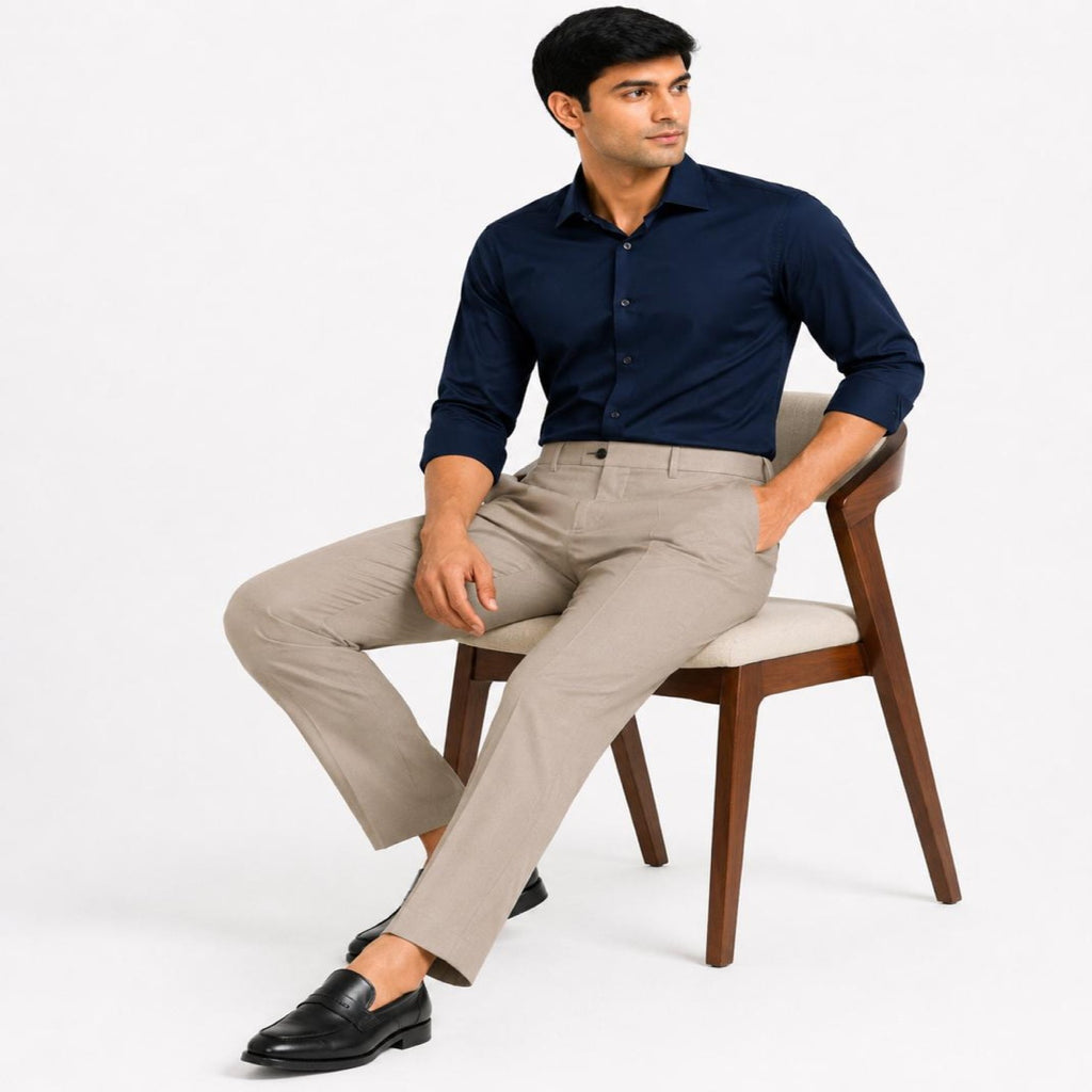 Men's Khaki Pleated Tapered Formal Trousers | Smart Fit Office Wear Pants-3