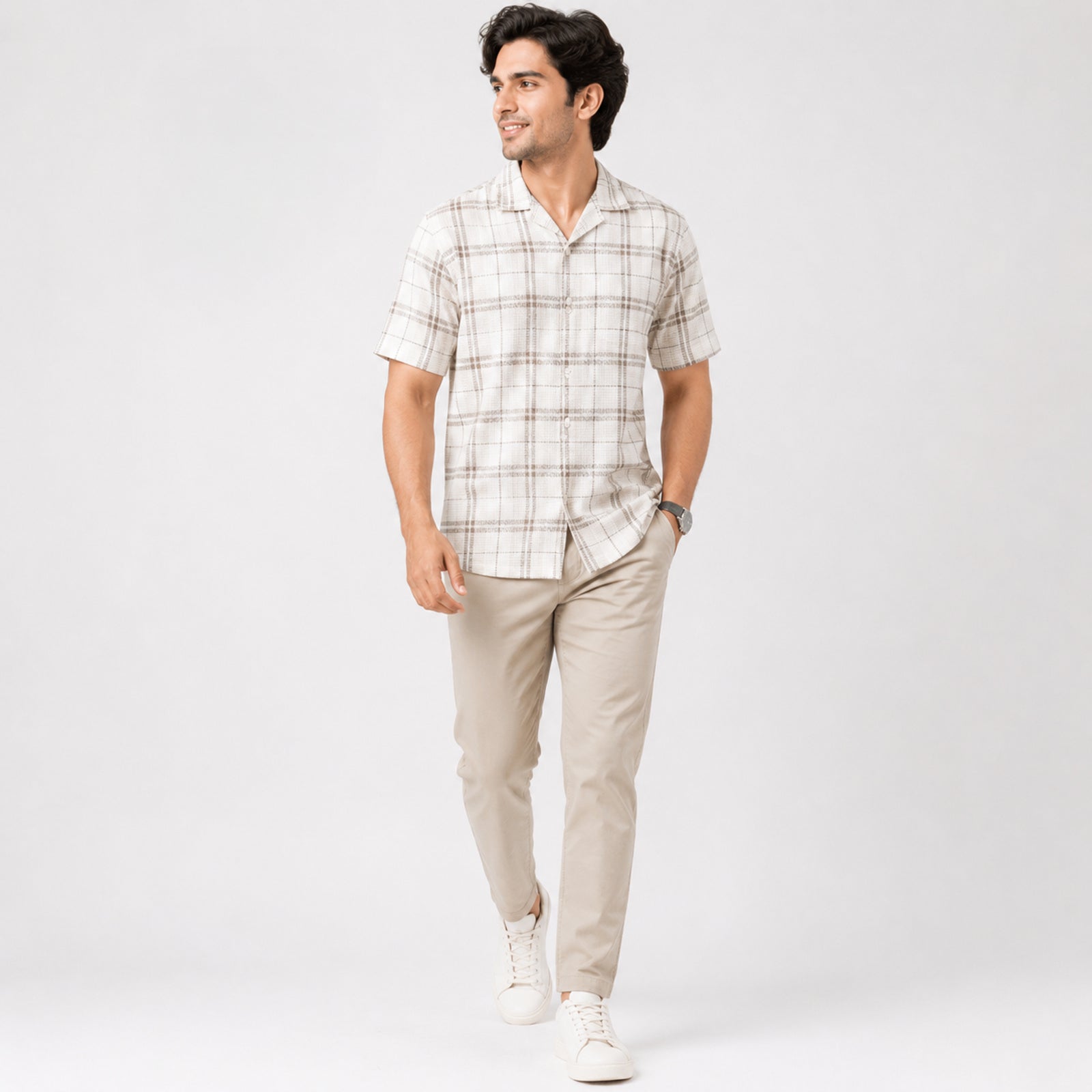 Men's Light Brown Checked Half Sleeve Casual Shirt-2