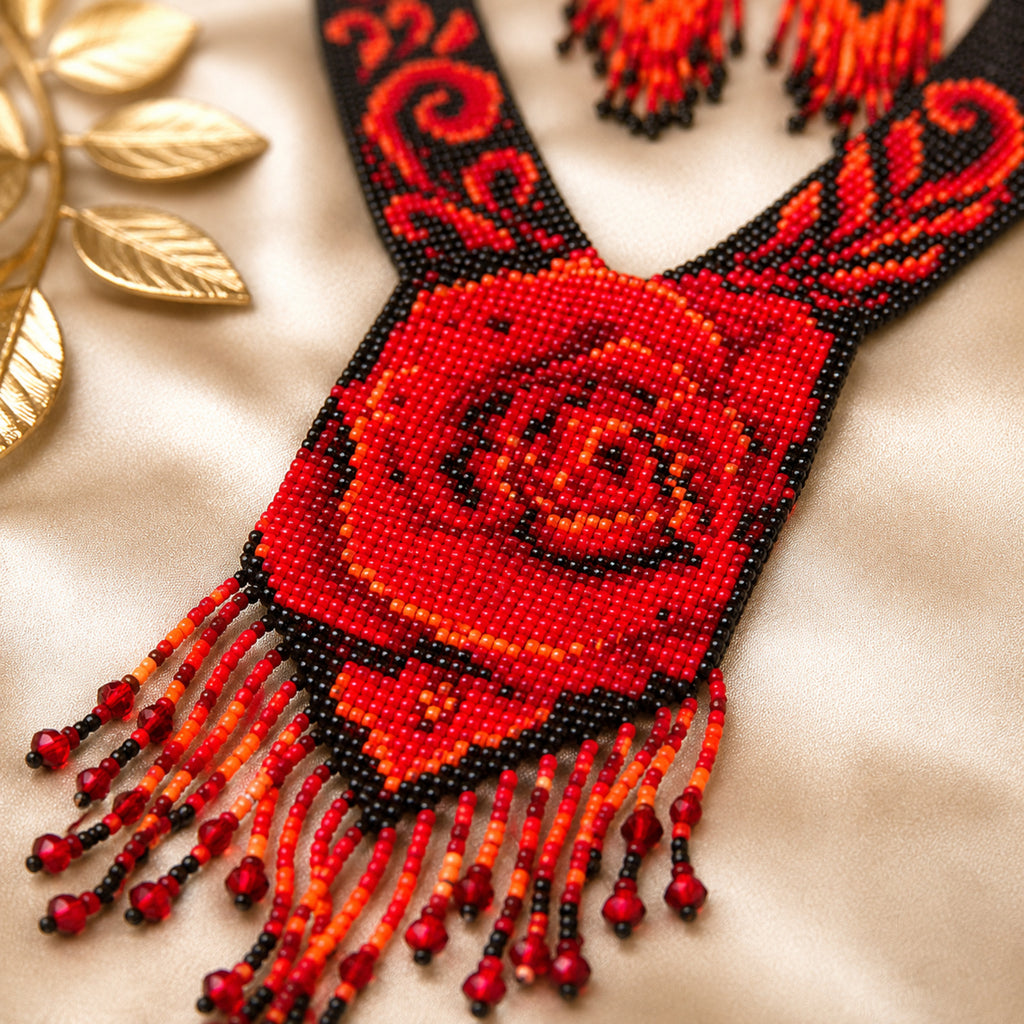Handcrafted Red Rose Motif Beaded Statement Necklace and Earrings Set-3