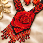 Handcrafted Red Rose Motif Beaded Statement Necklace and Earrings Set-3