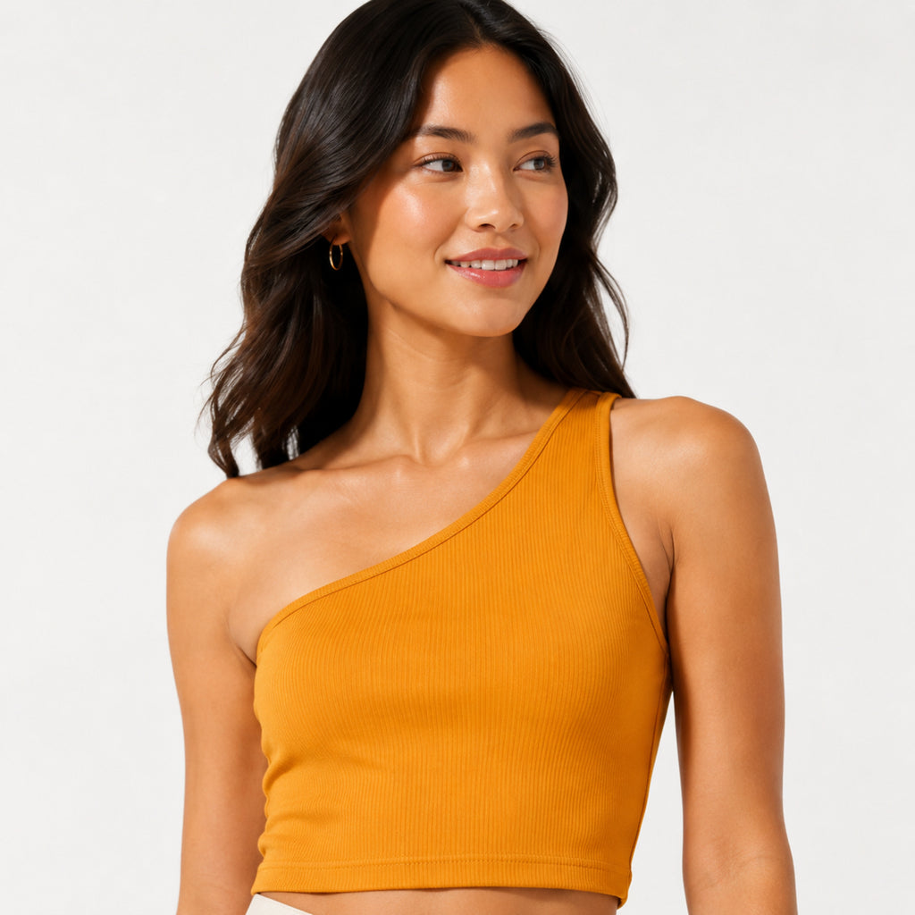 Women's Orange One-Shoulder Sleeveless Fitted Crop Top | Solid Asymmetric Casual Top-3