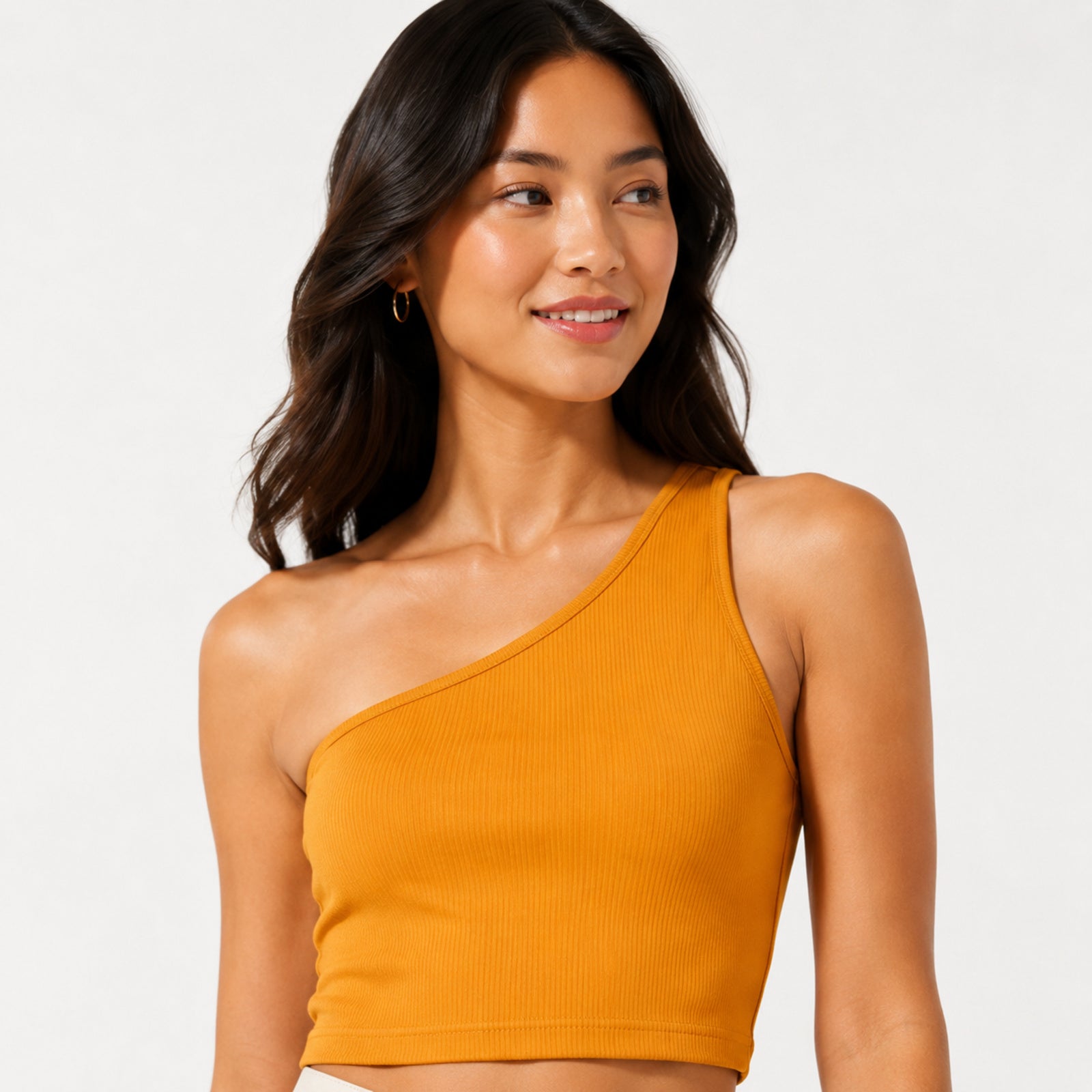 Women's Orange One-Shoulder Sleeveless Fitted Crop Top | Solid Asymmetric Casual Top-3