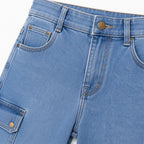 Women's Light Blue High-Rise Cargo Jeans | Wide Leg Denim Pants with Utility Pockets-3