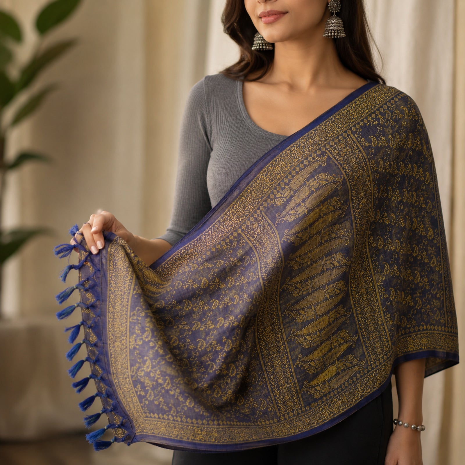 Women's Royal Blue & Gold Woven Ethnic Dupatta-1