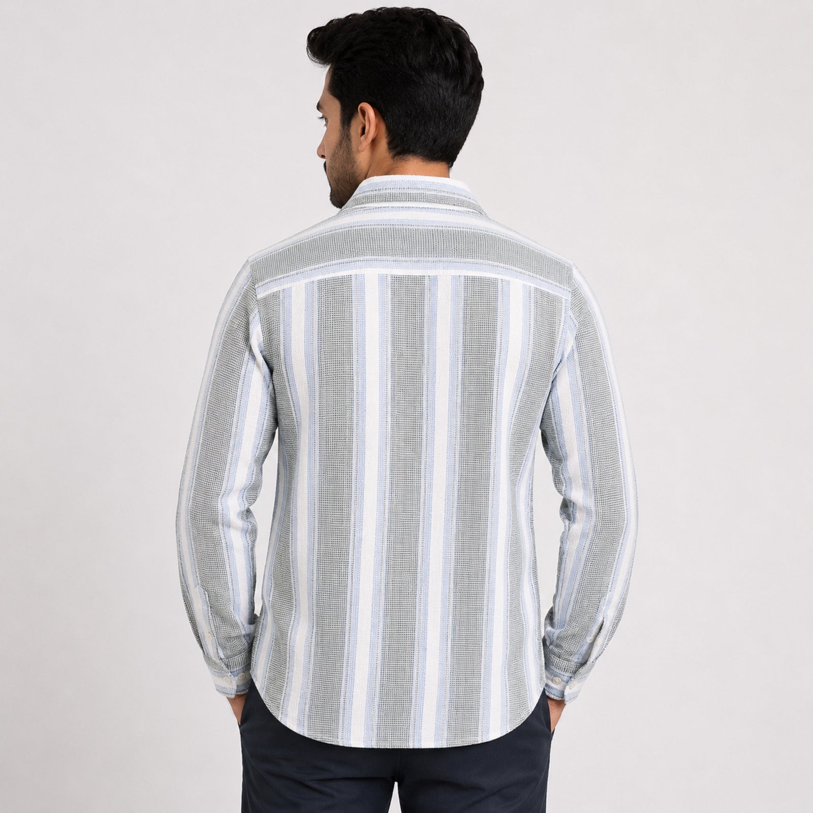 Men's White & Green Striped Full Sleeve Casual Shirt-3