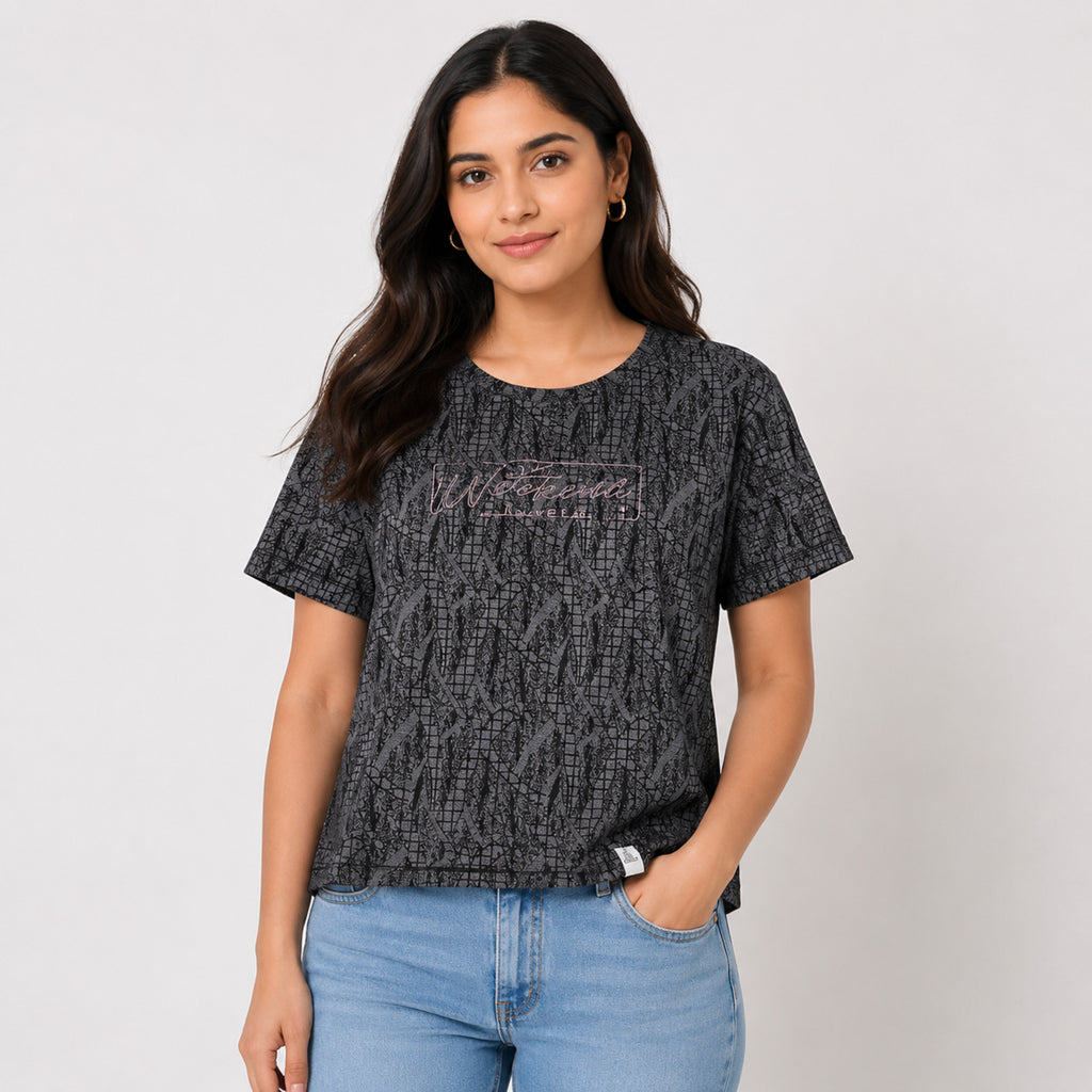 Women's Abstract Textured Graphic Printed Dark Grey T-Shirt-1