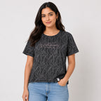 Women's Abstract Textured Graphic Printed Dark Grey T-Shirt-1