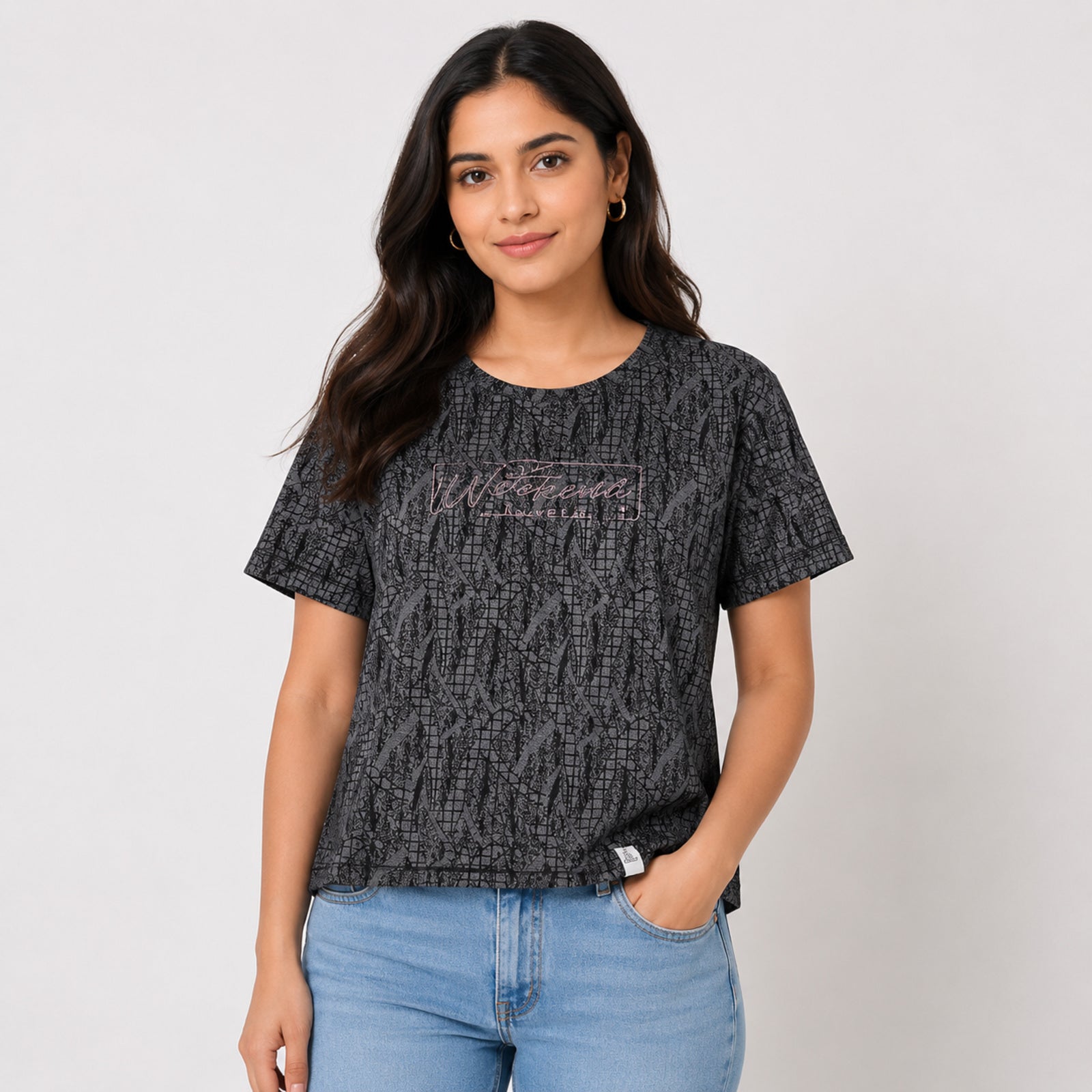 Women's Abstract Textured Graphic Printed Dark Grey T-Shirt-1