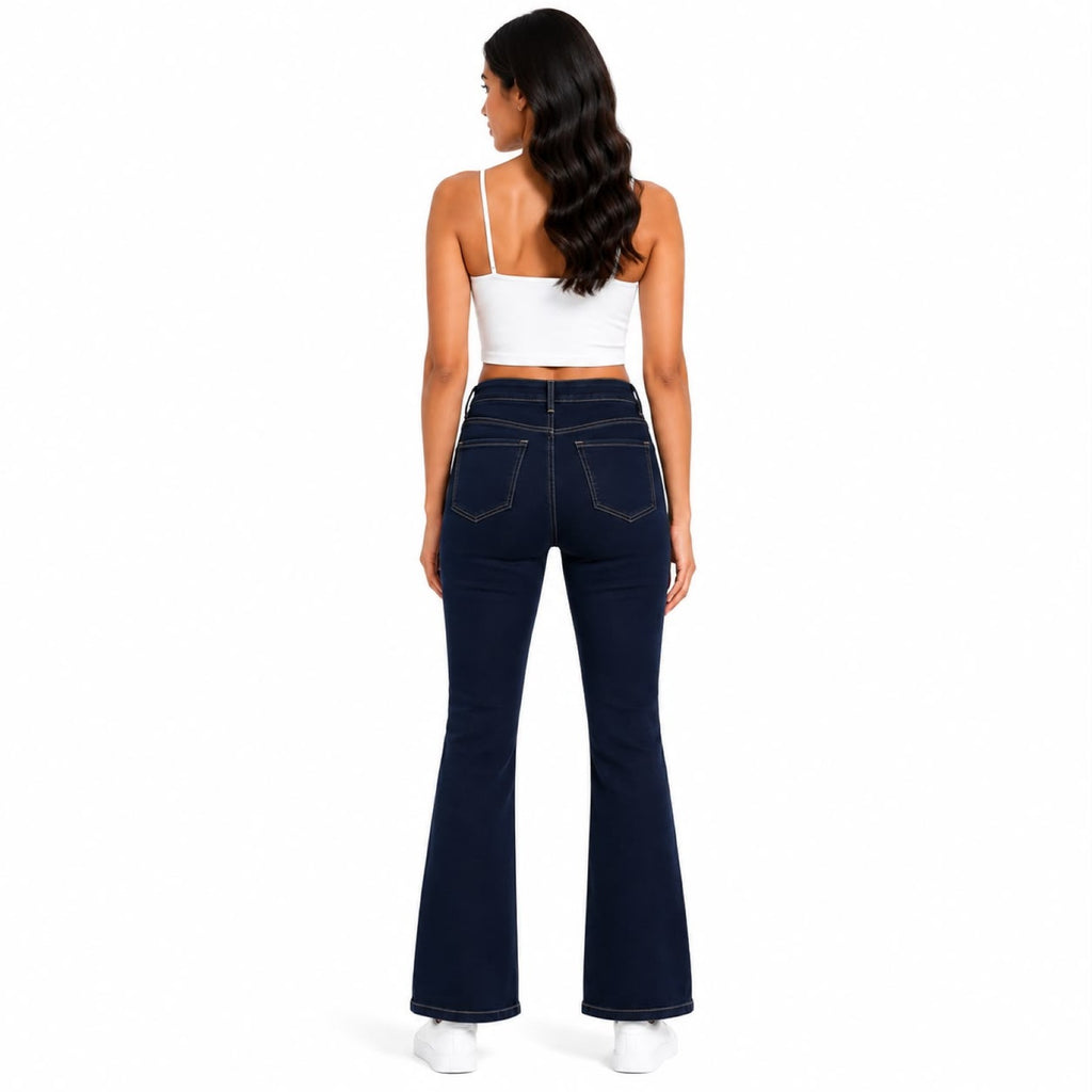 Women's Navy Blue High-Rise Flared Denim Jeans with Contrast Stitching-4