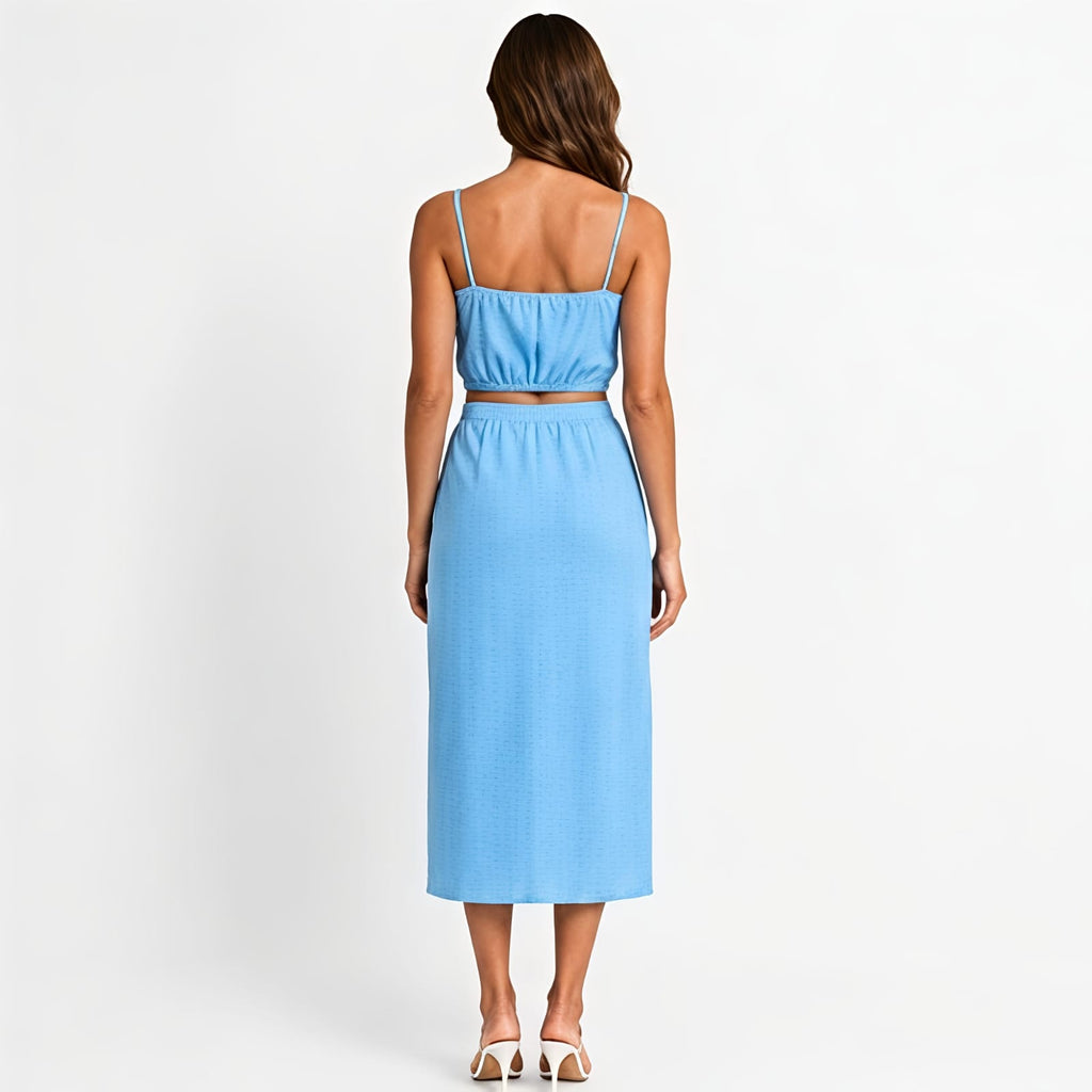 Women's Blue Solid Sleeveless Spaghetti Strap Crop Top and High Slit Midi Skirt Co-Ord Set for Party Wear-4