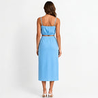 Women's Blue Solid Sleeveless Spaghetti Strap Crop Top and High Slit Midi Skirt Co-Ord Set for Party Wear-4