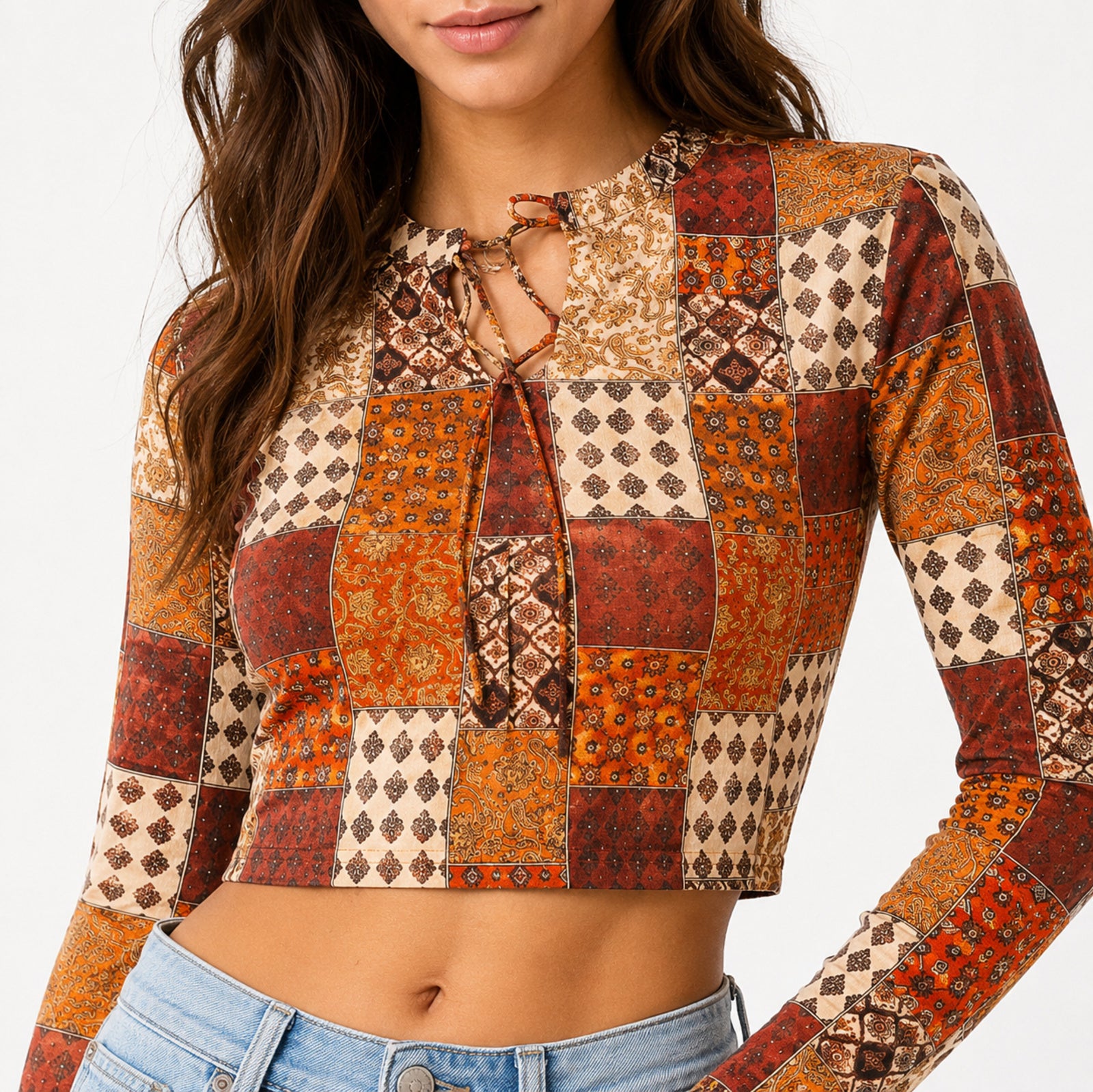Women's Red Patchwork Print Tie-Neck Cropped Casual Top-2