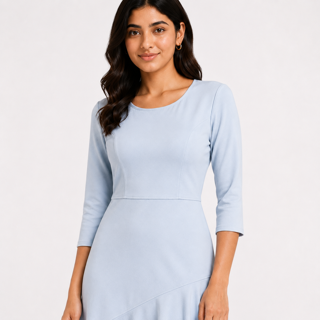 Women's Sky Blue Solid Round Neck Asymmetrical Ruffle Hem Midi Dress-4