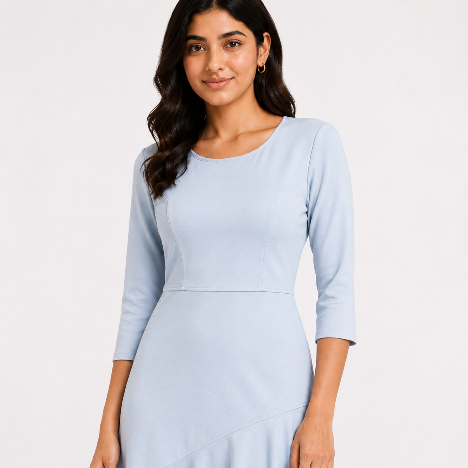 Women's Sky Blue Solid Round Neck Asymmetrical Ruffle Hem Midi Dress-4