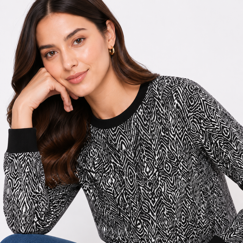 Women's Black & White Abstract Print Full Sleeve Sweatshirt-2