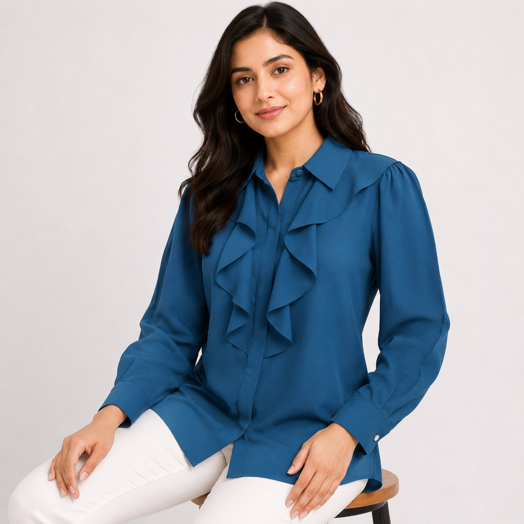 Women's Sophisticated Peacock Green Ruffle Accent Formal Top-2