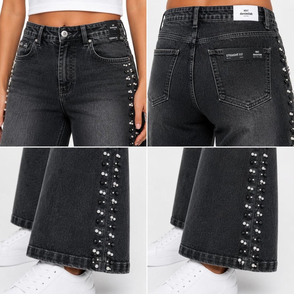 Women's Faded Grey Wide Leg Jeans with Side Stud Detail | High-Rise Premium Denim-3