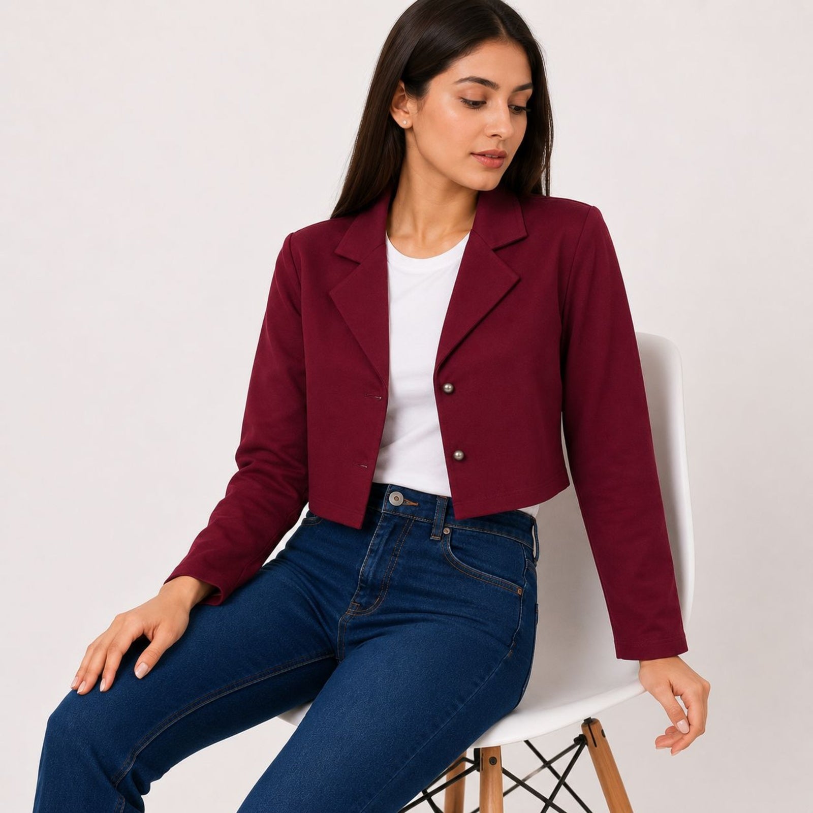 Women's Maroon Cropped Blazer Style Jacket-3