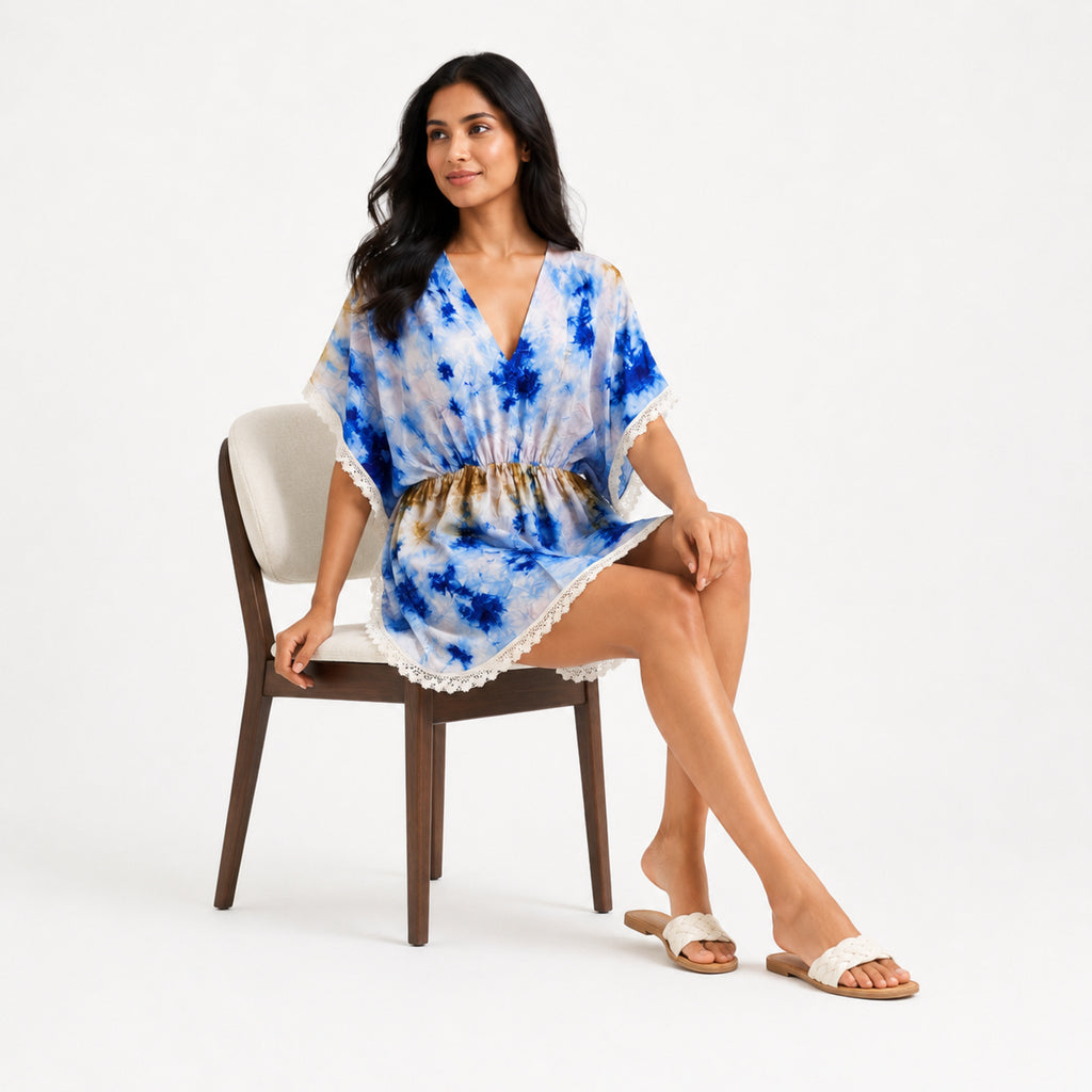 Women's Blue Tie-Dye Lace Trim Kaftan Mini Dress | Resort Wear Cover-Up-3