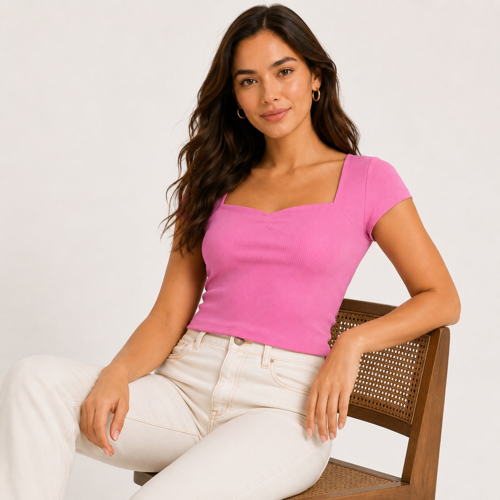 Women's Blush Aura Hot Pink Ribbed Sweetheart Neck Top-2