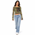Women's Green Abstract Print Sheer Mesh Crop Top-1