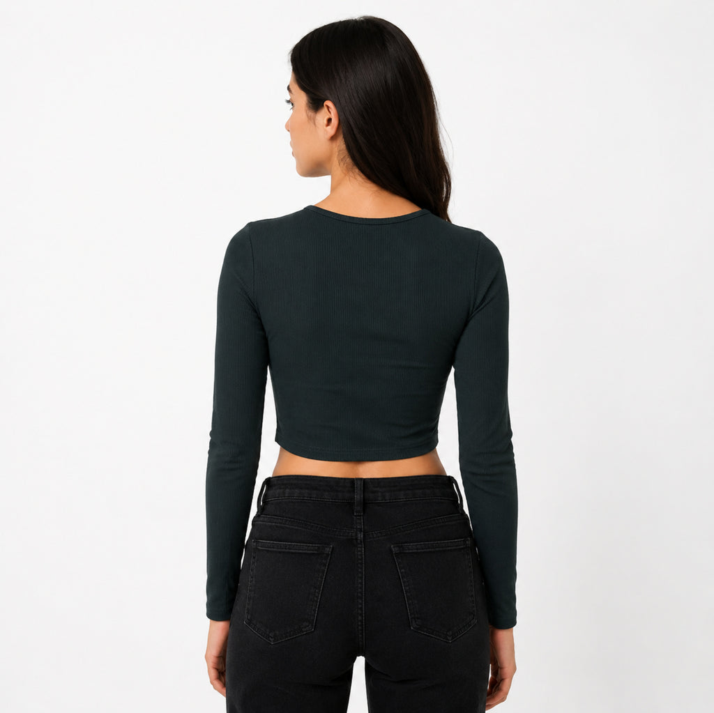 Women's Black Lace-Up Full Sleeve Crop Top-4