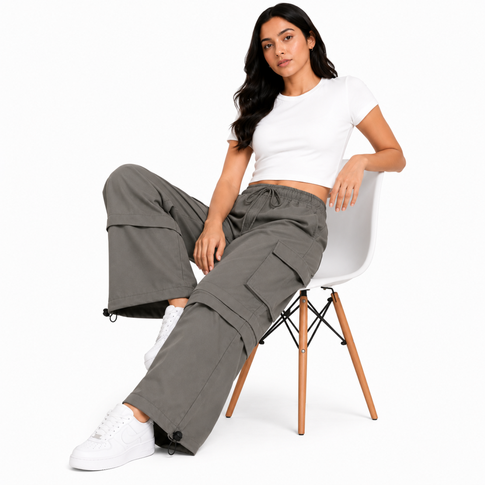 Women's Light Grey High-Waist Cargo Wide Leg Utility Pants-2