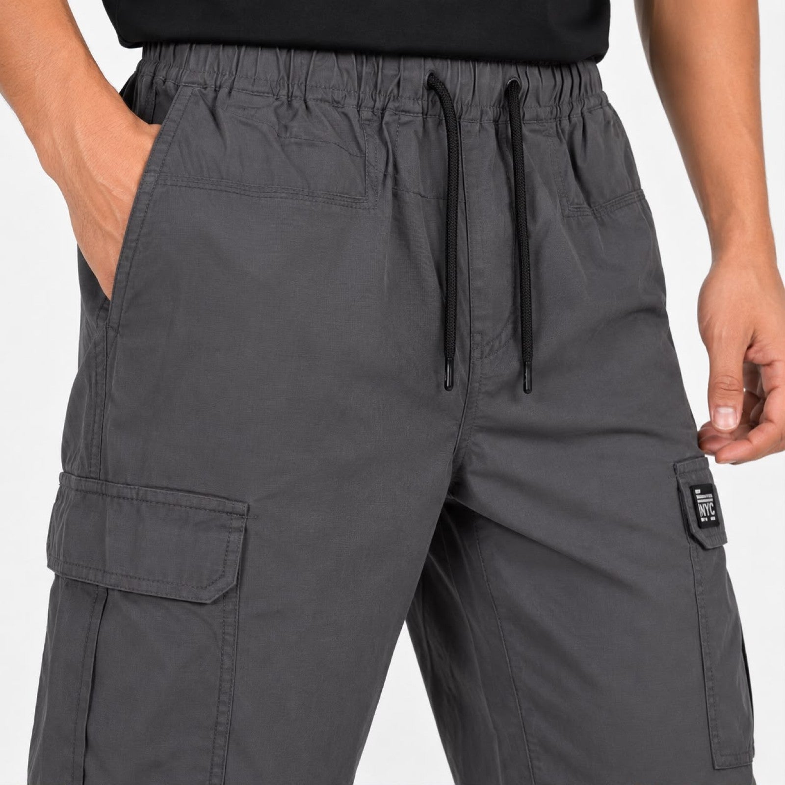 Men's Dark Grey Cargo Jogger Pants with Drawstring Waist-2
