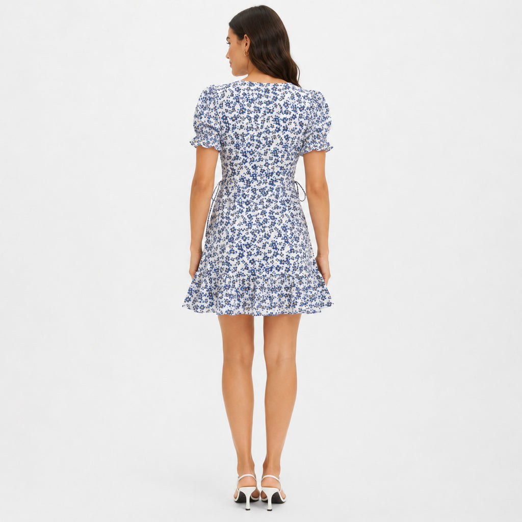 Women's Blue Floral Fit & Flare Mini Dress | V-Neck Puff Sleeve Casual Dress-4