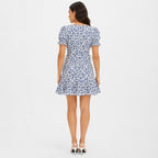 Women's Blue Floral Fit & Flare Mini Dress | V-Neck Puff Sleeve Casual Dress-4