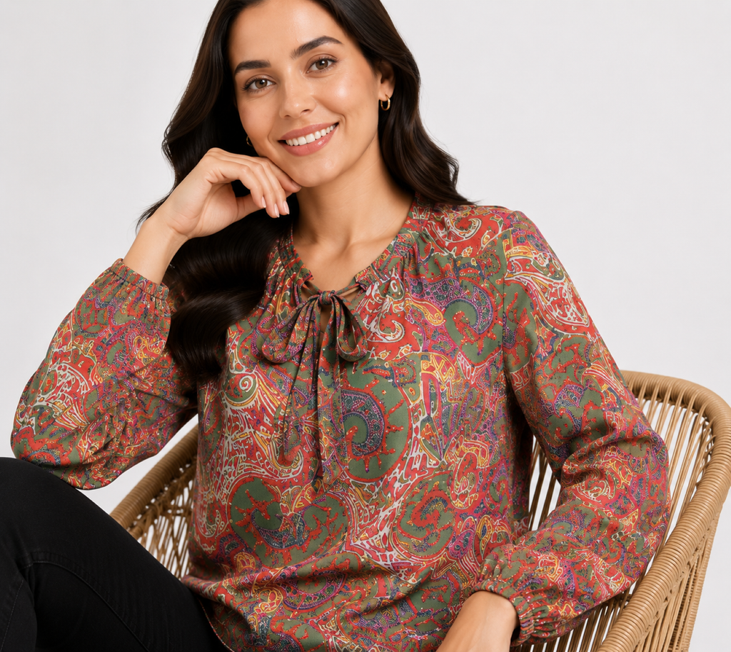 Women's Orange Paisley Print Tie-Neck Full Sleeve Top-4