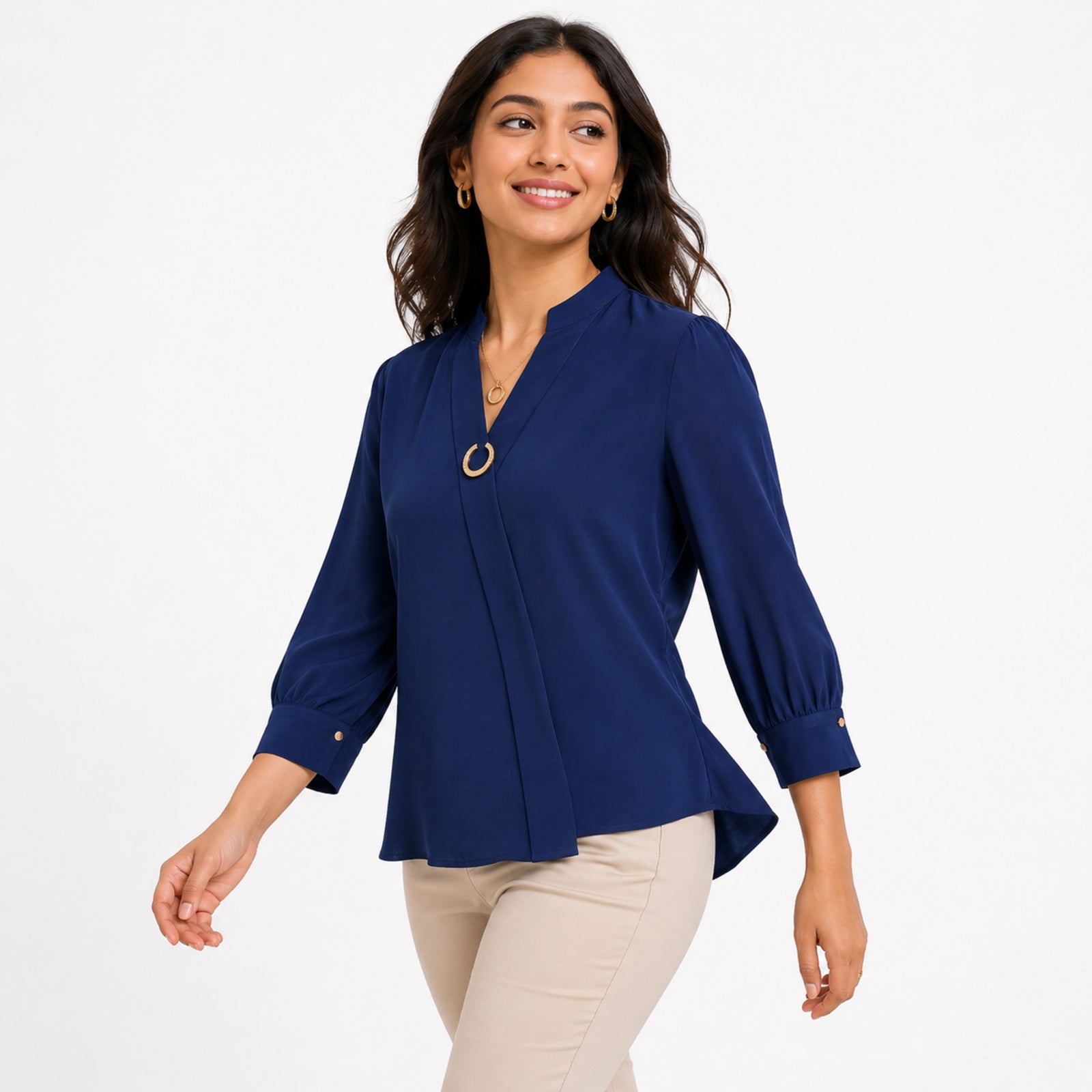Women's Navy Blue V-Neck 3/4 Sleeve Top-1
