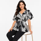 Women's Grey Abstract Print V-Neck Belted Peplum Top | Elegant Casual Everyday Blouse-2