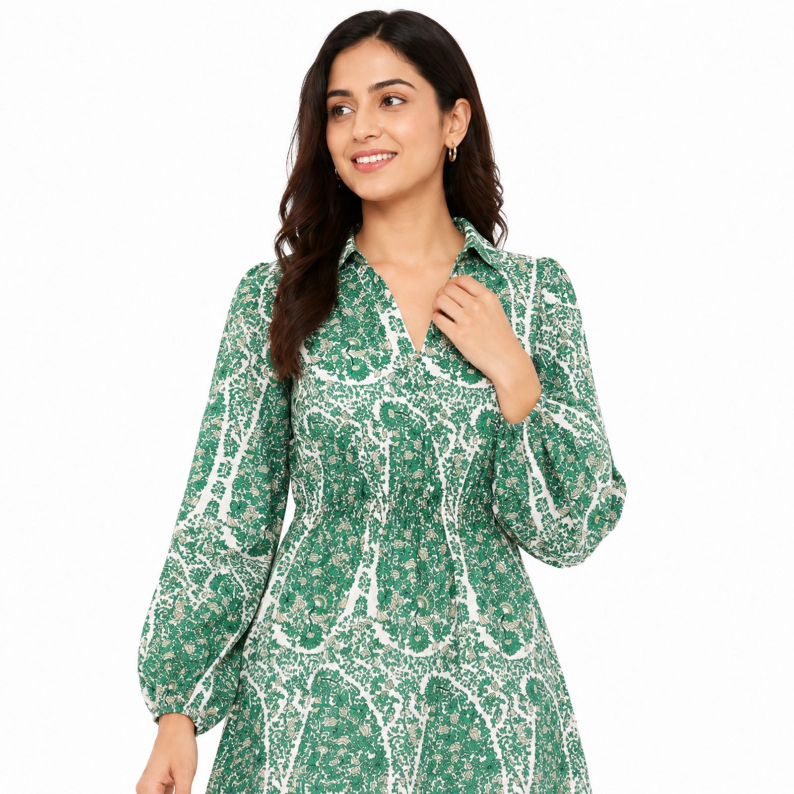 Women's Green Abstract Collared Mini Dress with Balloon Sleeves-3