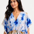 Women's Blue Tie-Dye Lace Trim Kaftan Mini Dress | Resort Wear Cover-Up-2