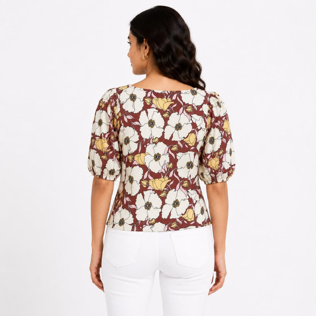 Women's Autumn Blossom Brown Printed Puff Sleeve Top-4