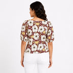 Women's Autumn Blossom Brown Printed Puff Sleeve Top-4