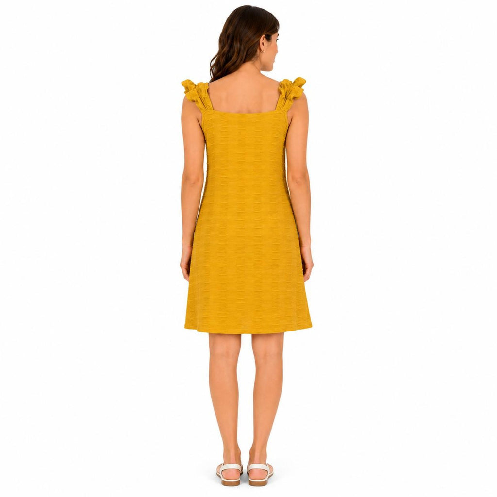 Women's Mustard Yellow Textured Sleeveless A-Line Mini Dress with Bow Straps-1