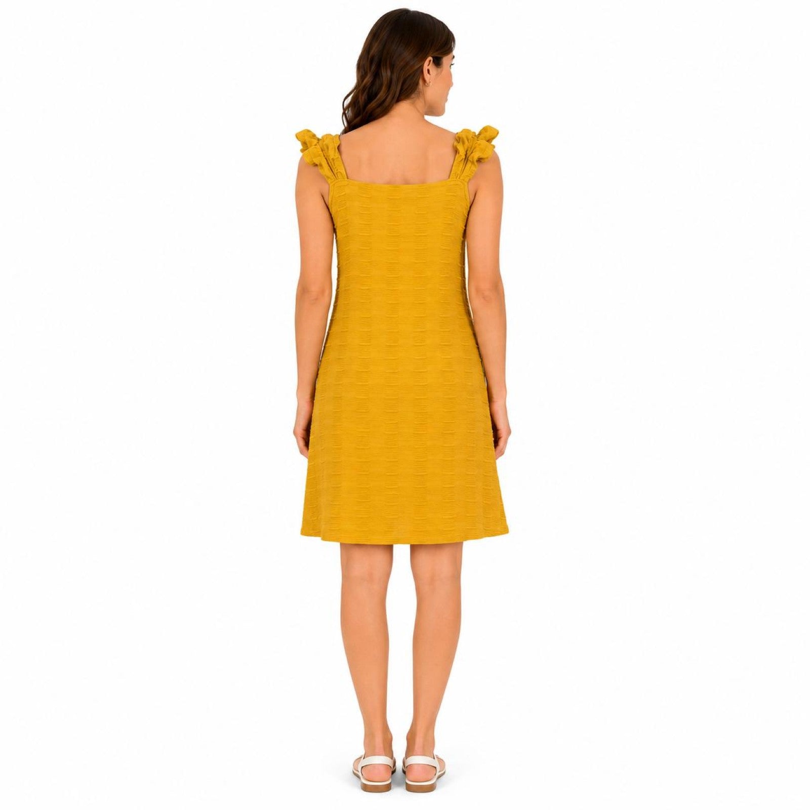 Women's Mustard Yellow Textured Sleeveless A-Line Mini Dress with Bow Straps-1