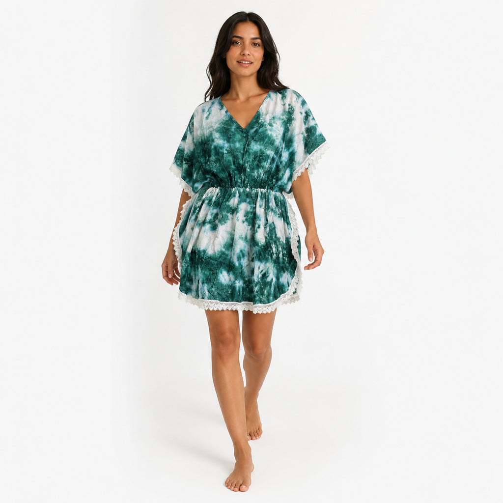 Women's Green Tie-Dye V-Neck Lace Trim Kaftan Dress | Breezy Resort Wear Cover-Up-1