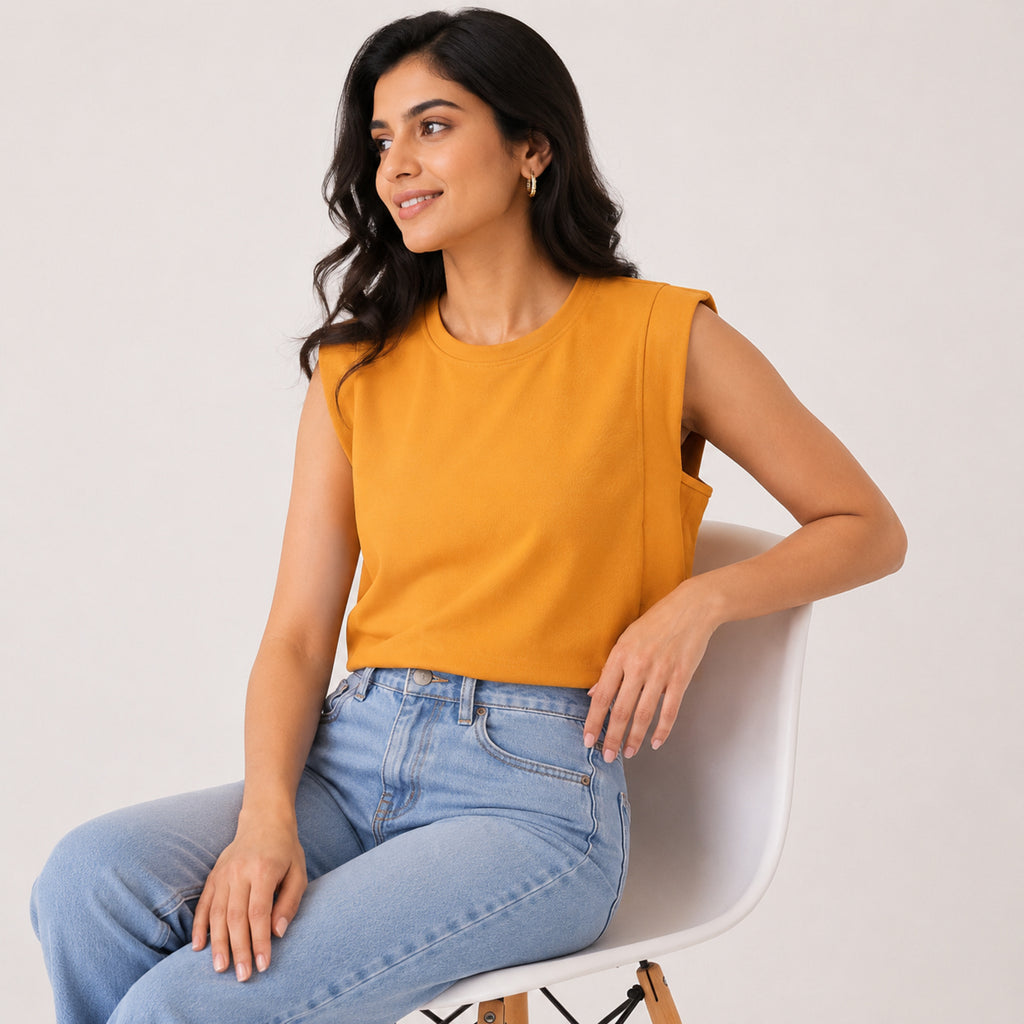 Women's Ochre Sunset Yellow Muscle Tee with Architectural Padded Shoulders-3