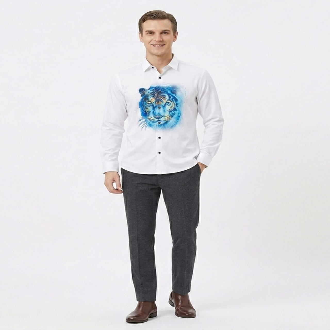 Men's White Tiger Graphic Casual Shirt-4