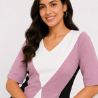 Women's Pink Color Block V-Neck Half Sleeve Maxi Dress-1