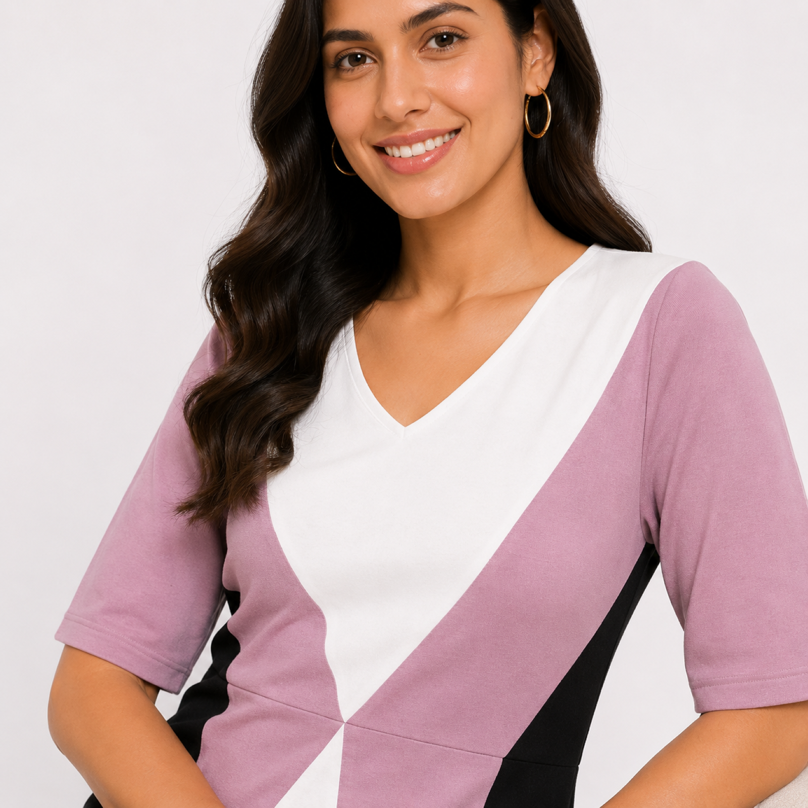 Women's Pink Color Block V-Neck Half Sleeve Maxi Dress-1
