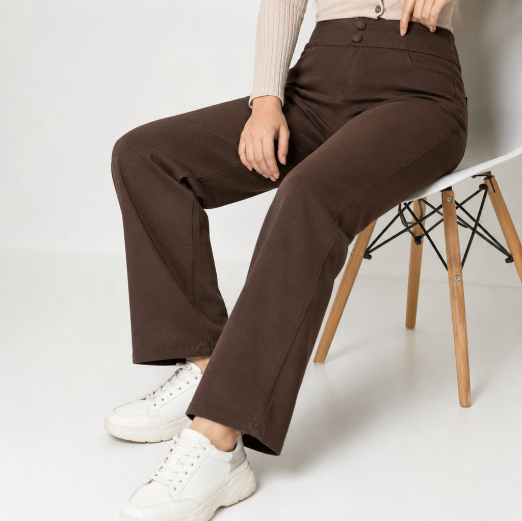 Women's Elegant High-Waisted Coffee Brown Wide-Leg Trousers-4