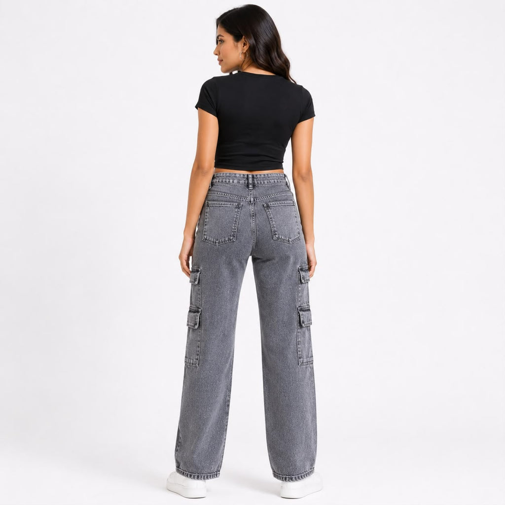 Women's Light Grey High Waist Cargo Jeans | Trendy Wide Leg Utility Denim Pants with Multi Pocket Design-4