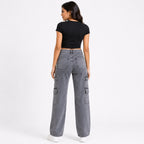 Women's Light Grey High Waist Cargo Jeans | Trendy Wide Leg Utility Denim Pants with Multi Pocket Design-4