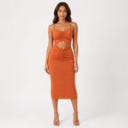Women's Orange Solid Ruched Cut-Out Sleeveless Bodycon Midi Dress-3