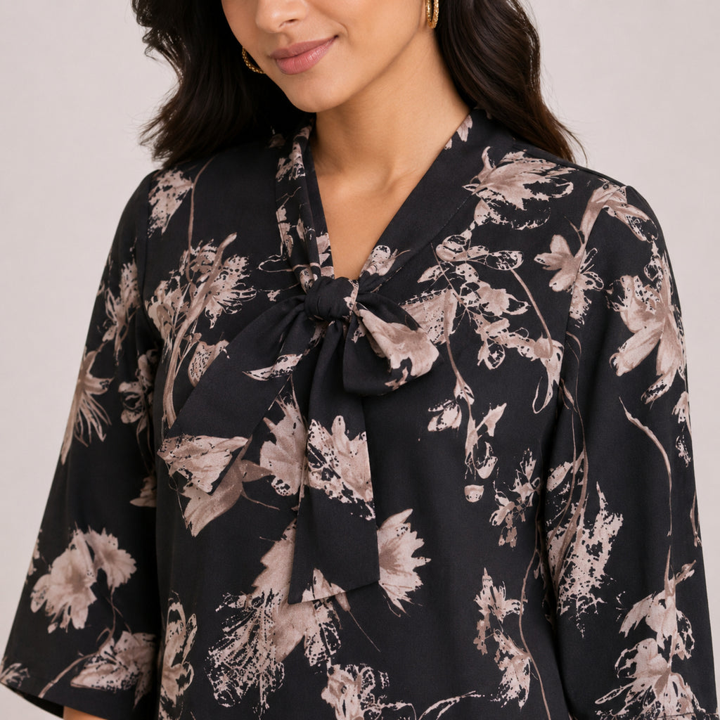 Women's Elegant Floral Sketch Tie-Neck Tunic Top-3